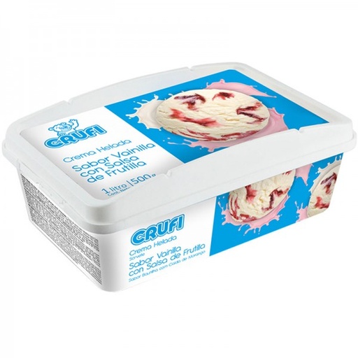 Barra Crufi 1L sabor vainilla con salsa de Frutilla.
